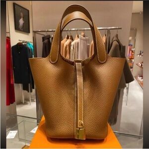 NEW Leather Bucket Bag Lock 18 Clemence Taurillon Inspired Bag PM Gold Brown